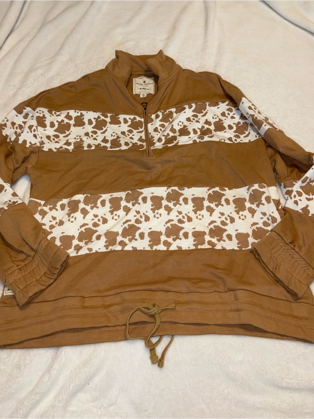 Simply Southern Brown and White Zip-Up Sweater with Cow Print Stripes